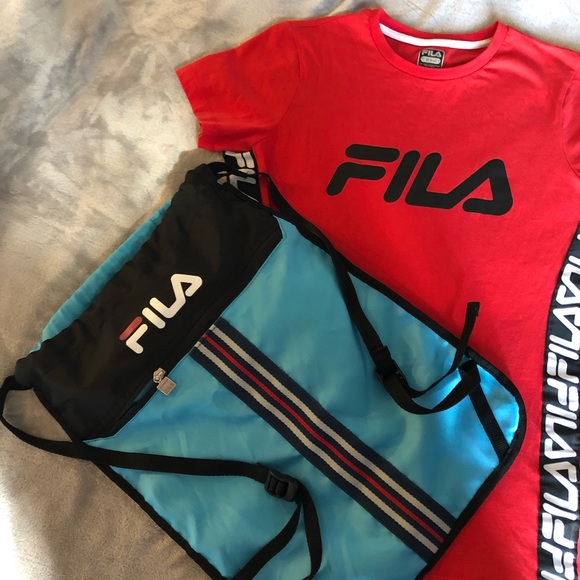 FILA Adjustable Drawstring Backpack Nylon Blue Zip - Picture 13 of 16